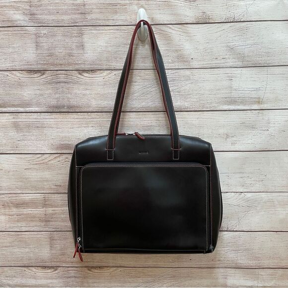 LODIS LAPTOP BAG IN BLACK LEATHER WITH RED TRIM - Picture 1 of 10